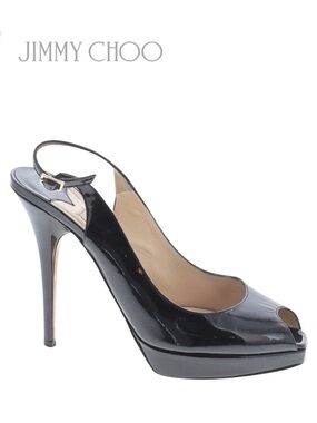 JIMMY CHOO Nova Patent Peep Toe Slingback 100mm Platform Sandal Pumps + Box